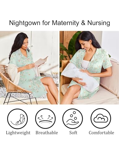 Image of Ekouaer Nightgowns for Women Bamboo Viscose Sleep Shirts Button Down Night Shirt Short Sleeve Boyfriend Pajama Dress