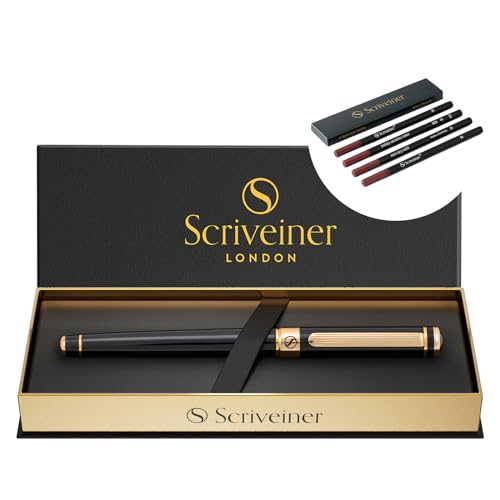 Scriveiner Black Lacquer Rollerball Pen - Stunning Luxury Pen, Real Gold Plating Bundle with Rollerball Refill Black Medium - 4 Refills in one Box