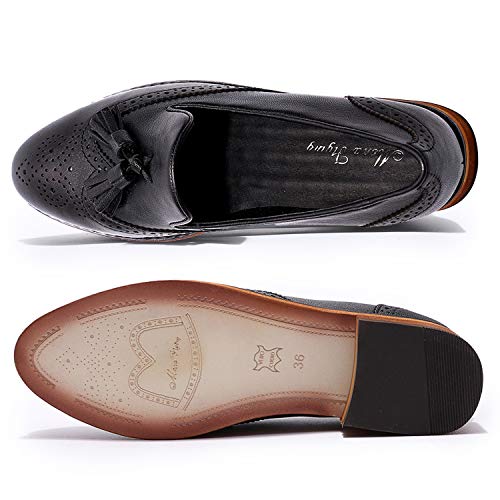 Image of Mona flying Women's Leather Tassel Loafers Slip on Brogue Flat Office Shoes