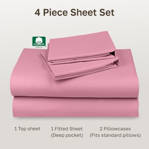 Image of California Design Den Full Size Sheets Set - Natural 100% Cotton Bed Sheets, Soft Sateen Weave, Fully Elasticized Deep Pockets, Breathable and Durable Bedding - Doll Pink