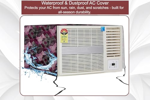 Image of The Furnishing Tree Window AC Cover for 2 Ton Capacity PVC Waterproof and Dustproof Chekered Pattern Maroon