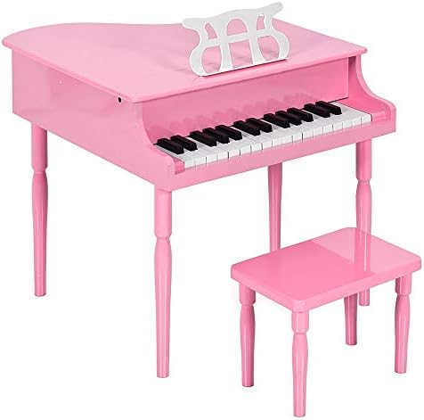 Best Choice Products Kids Classic Wooden 30-Key Mini Grand Piano Musical Instrument Toy w/Piano Lid, Bench, Foldable Music Rack, Song Book, Note Stickers, Enamel Finish - Pink