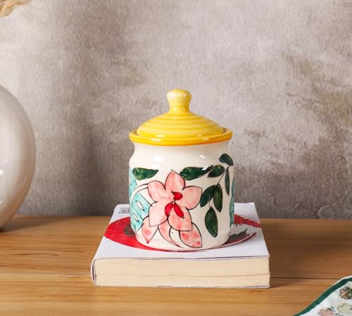 Image of Niyara Handcrafted Ceramic Pickle Jar Set, Premium Metal Tray & Lids - Multipurpose Storage for Pickles, Chutneys, Spices & Condiments, Set of 4, 300ML /Each with metal tray (flower print)