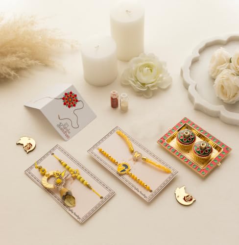 Image of Premium Handmade Designer Rakhi Set for Brother and Bhabhi Adjustable Couple Rakhi with Roli Chawal & Nariyal