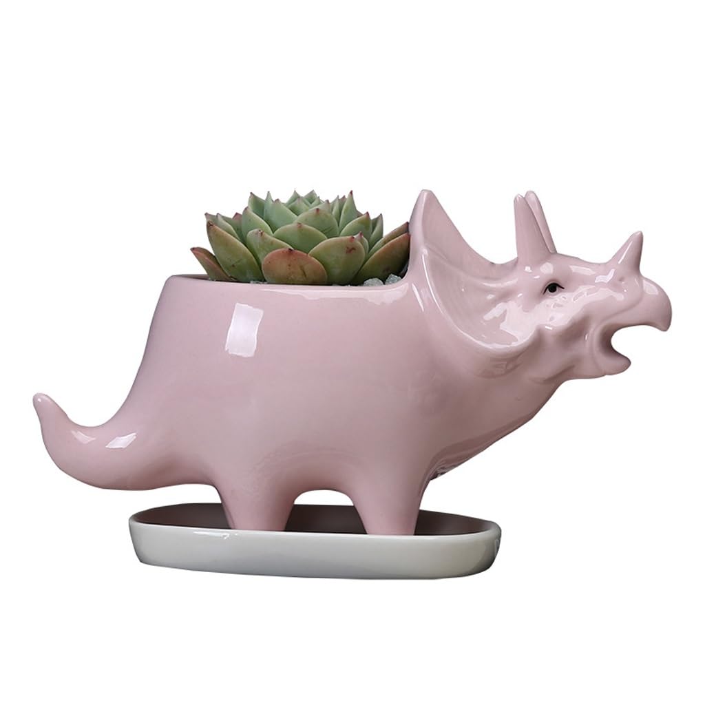 GELASIGE Flower Pots Creative Triceratops Succulent Flowerpot, Indoor Tabletop Ceramic Flowerpot, Flowerpot With Tray Outdoor Flower Pots(B)