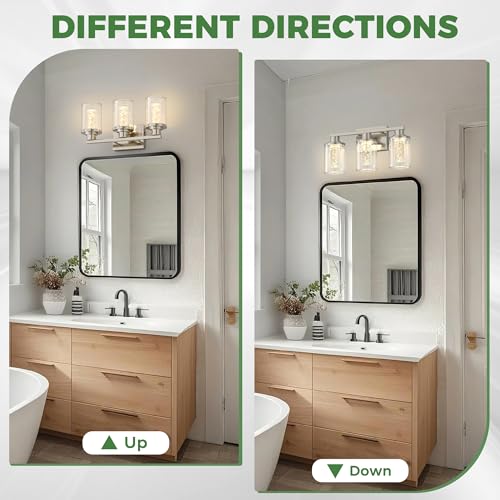 Image of DORESshop 3-Light Brushed Nickel Bathroom Light Fixtures, Crystal LED Bathroom Lights Dimmable Light with Clear Glass Shade,Vanity Lights for Living Room