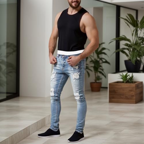 Mens Summer Distressed Jeans Fit Ripped Skinny Jeans Stretch Destroyed Ripped Tapered Leg Boyfriend Denim Pants2
