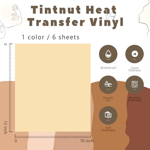 Image of Tintnut Cornhusk Color Heat Transfer Vinyl,6 Pcs 12x10in Iron on Vinyl | Skin Tone PU HTV Sheets,easy cut & weed,stretch washable,works with iron & heat press for fabric crafts