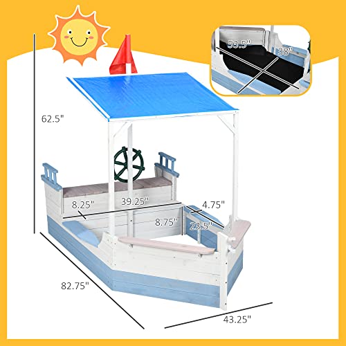 Outsunny Kids Sandbox With Canopy, Pirate Ship Wooden Sandbox With Bench For Backyard, 83" X 43", Blue #TOP2