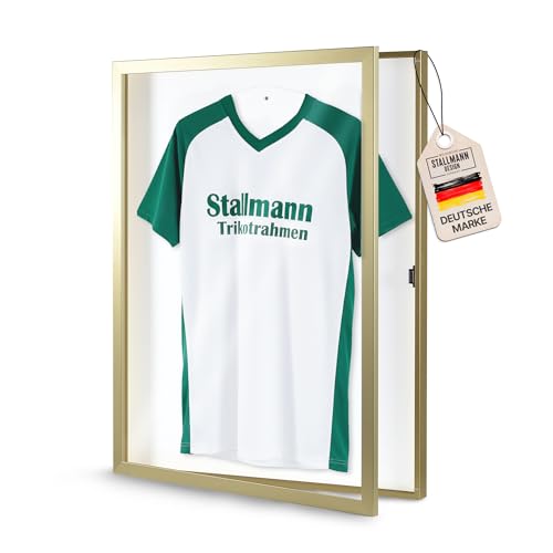 Stallmann Design Trikotrahmen 'Easy Click & Fill' mit Tür | Rahmen-Farbe: Gold | Hintergrund: Weiß | Größe: 70 x 90 cm | hochwertige und leicht zu befüllende Vitrine für Trikots