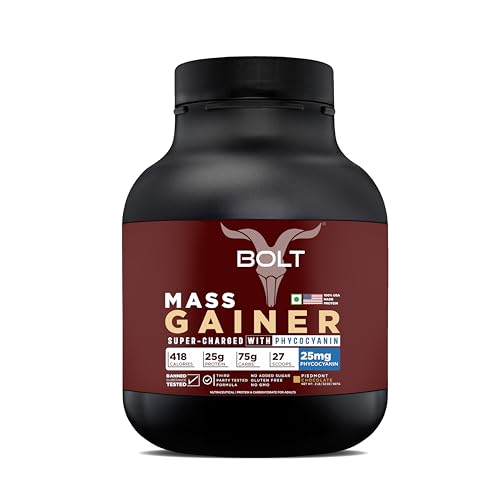 Bolt Mass Gainer | Weight Gainer | Supercharged With Phycocyanin | 25G Protein, 75G Carbs & 412 Calories For Muscle, 2Lb/907 gm | Piedmont Chocolate