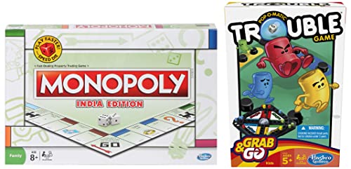 Image of MONOPOLY India Edition Game, Board Game & Puzzles for Families and Friends, Toys for Kids, Boys and Girls Ages 8 and Up, Fantasy Classic Gameplay & Pop-O-Matic Trouble Grab & Go Game
