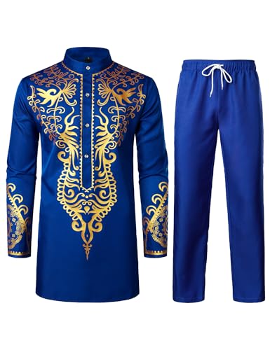 ZEROYAA Men's Africa Suit Long Sleeve Print Dashiki and Pants Outfit Traditional 2 Piece Set