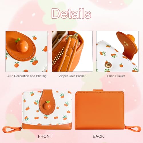 Image of Cute Print Wallet Blueberry Strawberry Cherry Wallet with Credit Card Slot Zipper Coin Pocket for Women Girls (ORANGE)
