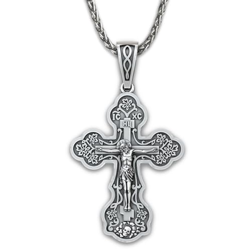 Orthodox Cross Necklace for Women - 925 Sterling Silver - Jesus Christ Crucifix Pendant with Prayer Spiga Rope Chain 20
