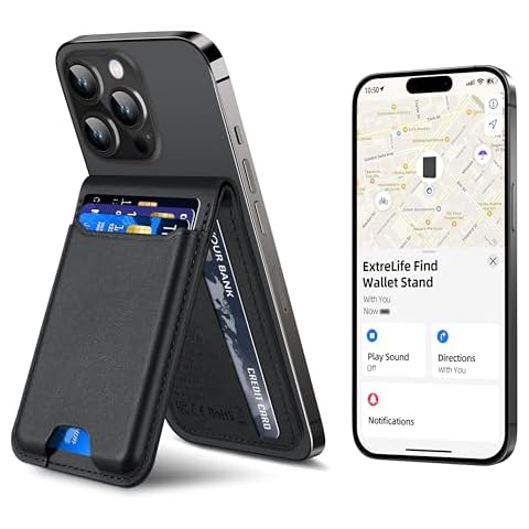 for Magsafe Wallet, Works with Apple Find My, Strongest Magnetic Wallet for iPhone 16/15/14/13/12 Series, for iPhone Wallet with Adjustable Stand, Wallet Tracker, 6 Cards Holder, Vegan Leather, Black Cover