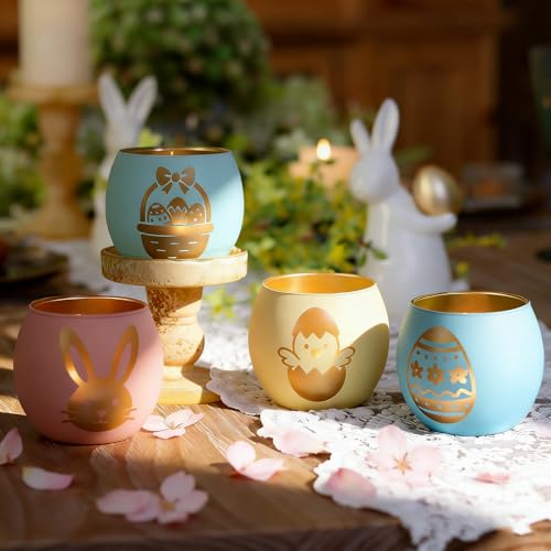 Oster Deko Teelichthalter 4er Set, Matte Teelichtgläser in Pastell-Farben mit Goldenen Osterhasen & Küken Motiven, Kerzengläser für Osterfrühstück Tischdeko, Kerzenhalter Glas Frühlingsdeko & Geschenk