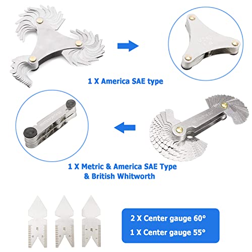 Toolly 5Pcs Stainless Steel Screw Thread Pitch Cutting Gauge Tool Set, 51Pcs America Sae Type + 52Pcs Metric & America Sae Type & British Whitworth + 3Pcs Center Gage #TOP3
