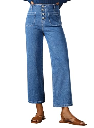Sidefeel Women's Wide Leg Jeans High Waisted Stretchy Zimbaplatinum Straight Leg Jeans Buttoned Loose Denim Pants with Pocket Blue Size 10