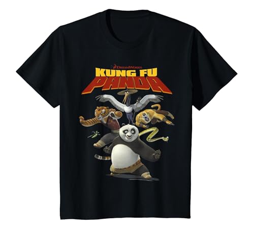 Kung Fu Panda Group Shot Action Portrait Movie Logo T-Shirt, Youth, Black, Small