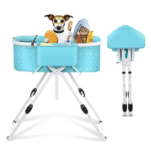 Quxxuol ペット浴槽 犬用お風呂 ペットバス 猫お風呂 折りたたみ式収納 5段階の高さ調節 ペット入浴用逃げ防止ロープ、3辺固定 お手入れ簡単 ポータブルバス 犬用 猫用 漬け置き洗い 室内外に適用 (ブルー)