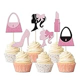 24 Pack Pink and Black Girl Cupcake Toppers Glitter Handbag Bow Tie Lipstick High Heel Princess Cupcake Picks Decorations for Bridal Shower Princess Theme Baby Shower Girls Birthday Party Supplies