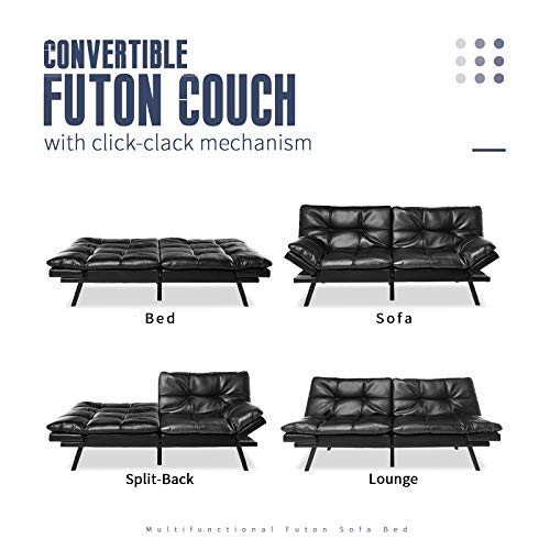 Iululu Futon Bed, Faux Leather Sofa Couch With Memory Foam, Modern Convertible Sleeper Daybed With Adjustable Armrests For Studio, Apartment, Office, Dorm, Easy Assembly, Black #TOP1