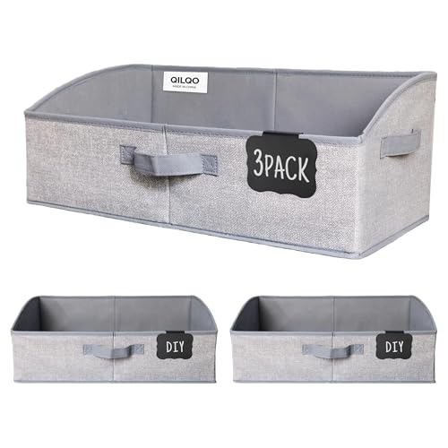 Qilqo Trapezoid Storage Bins with Label Clips,28L Large Closet Organizers and Storage,Foldable Fabric Bin with 3 Handles,Shelf Basket for Blankets,Towels,Toys,Grey,3-Pack