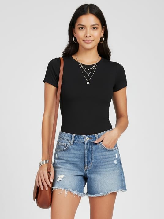 XFit Women's Crew Neck Short Sleeve Thong Bodysuit T Shirts Basic Slim Fitted Crew Neck Body Suit Tops Cotton Stretchy - Image 8