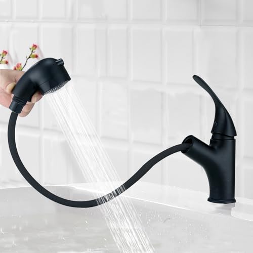 Robinet de salle de bain noir avec douchette extractible, 2 types de jet, robinet de salle de bain extensible, mitigeur monocommande haute pression