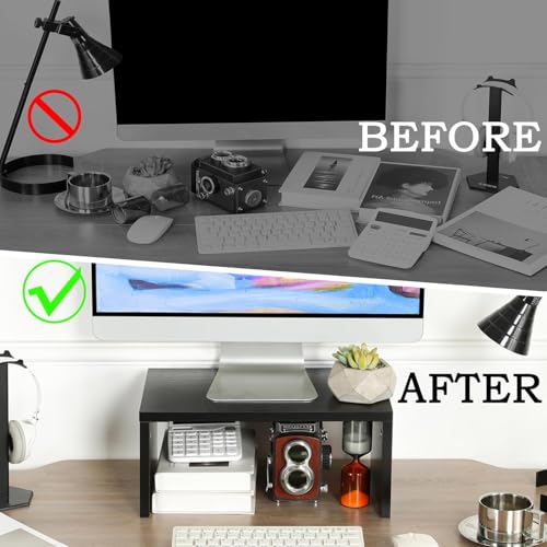 Image of Higher Monitor Stand Riser, Wood Monitor Riser with Storage for Desk Small Monitor Stand TV /Screen /PC /Laptop Riser Computer Stand Desktop Shelf (Black)