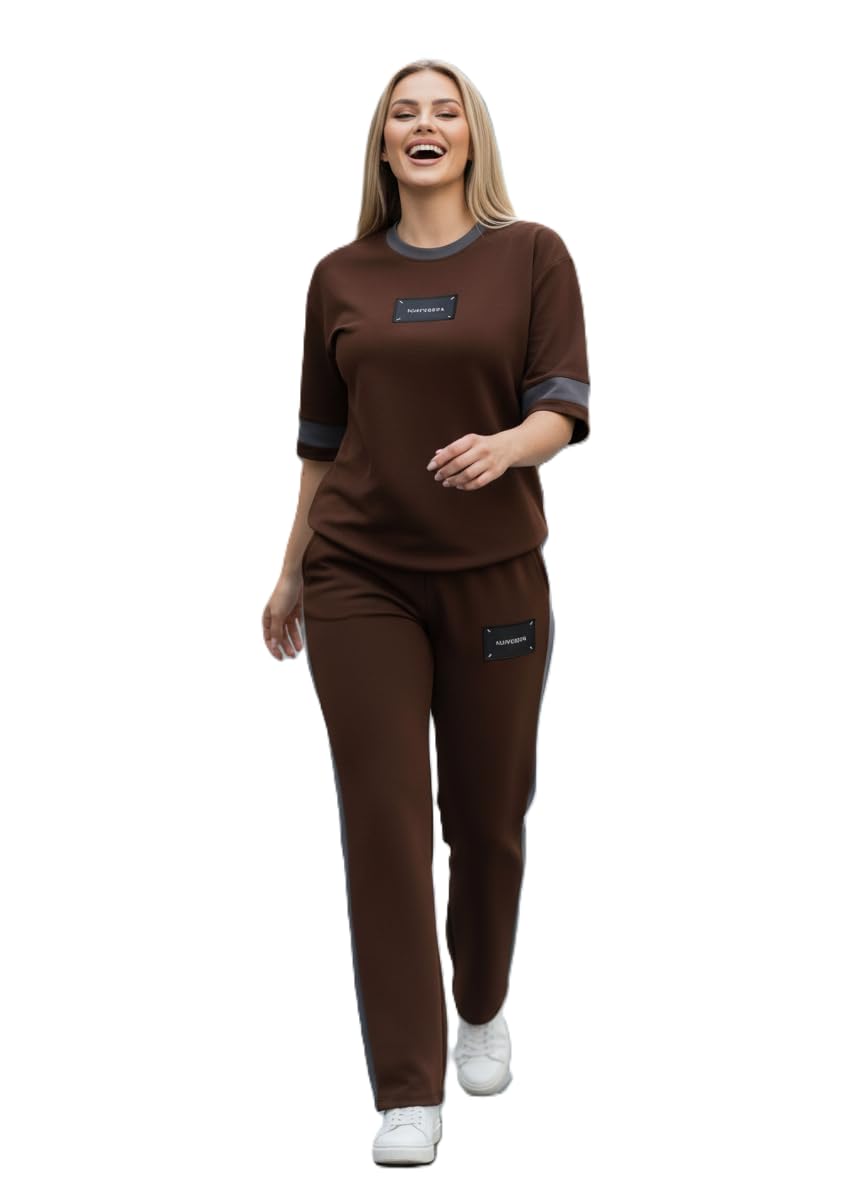 Tracksuit for Women | Casual Brown Loungewear 2 Piece Set | Short Sleeve T Shirt and Wide Leg Pants with Side Stripes | Sports Jogging Co ord Matching Sweatsuit(40-N-1-4)-image-27