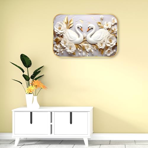 Image of Indianara White Swan Wall Art with Gold Roses, Digital Print, Gold Frame, 45 x 30 cm, Landscape