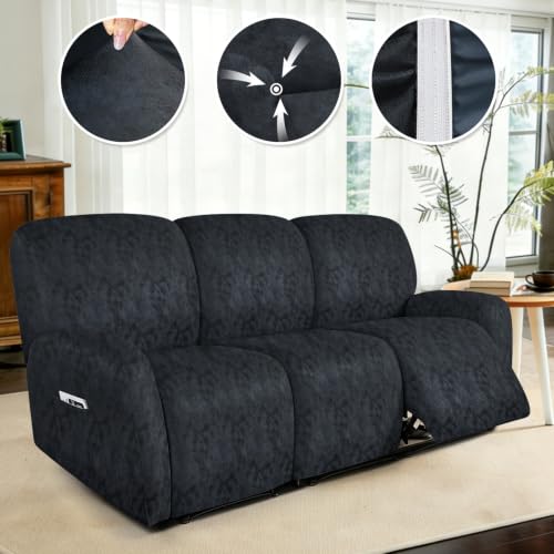 Image of ANARACHON Leather Look Recliner Couch Cover 8-Piece Recliner Sofa Slipcovers 3 Seater for Reclining Couches Furniture Protector Spandex Fabric Washable (Recliner Sofa, 03Navy Blue)