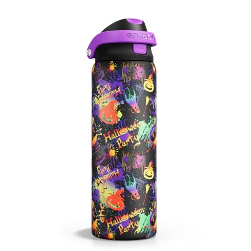 Encool SwiftSip Insulated Stainless Steel Water Bottle with Straw - Leak Proof Sports Water Bottle for School, Travel, Keeps Cold All Day, One-Touch Flip Lid, BPA-Free, 32 oz, Ghost Party