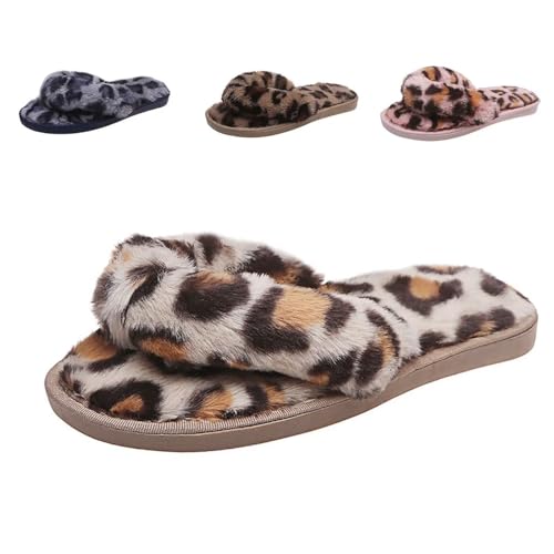 Women's Thick Bottom Slipper Cross Band Slippers Cozy Furry Fuzzy Slippers Open Toe Fluffy Indoor Shoes Outdoor Slip on Warm Breathable Anti-skid Sole Memory Foam Slippers Leopard print slippers