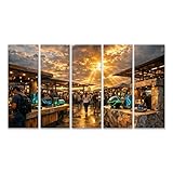 islandburner Bild auf Leinwand Futuristischer Marktplatz mit leuchtenden Geräten und Sonnenuntergang - 5-teilig XXL