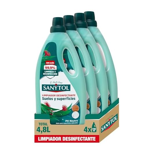Sanytol – Botella Desinfectante Limpiahogar, Elimina Bacterias, Hongos y Virus Sin Lejía, Perfume Eucaliptus - Pack de 4 x 1.200 ML = 4,8L
