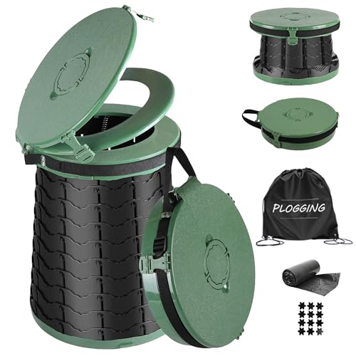 PLOGGING XXL Portable Toilet -19.7H 15 D Adjustable Foldable Camping Toilet Luggable Loo with Lid Strap Toilet Bag for Camping Hiking Travel and Car with Carry Bag