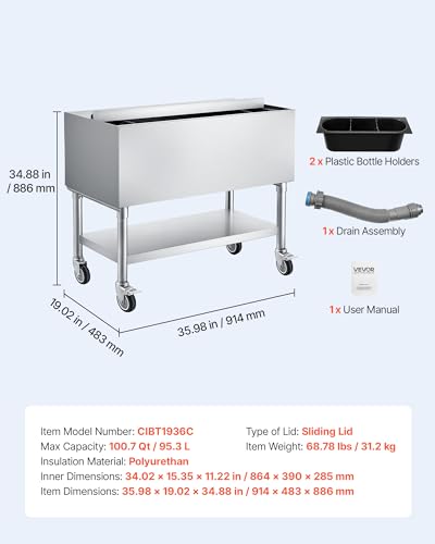 Image of VEVOR Commercial Ice Bin,19 Inch Stainless Steel Ice Chest with Sliding Lid and Bottle Holders, Cooler Cart Cocktail Unit for Bar Restaurant Pub, NSF Certified