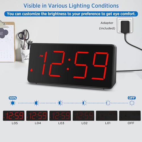Image of Peakeep Large Digital Alarm Clock for Bedroom Bedside Seniors 5 Dimmer | Big LED Numbers for Seniors, Loud Alarm Clock for Heavy Sleepers, Battery Backup, Plug in Electric with USB Charger
