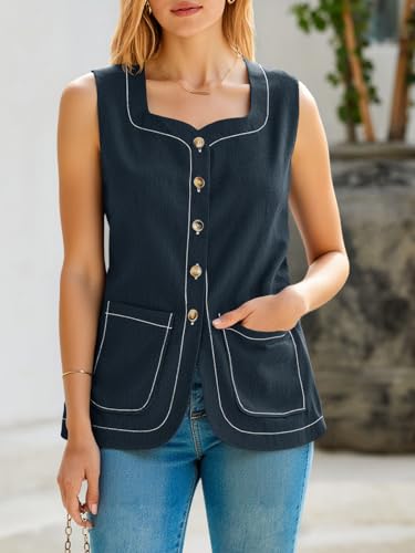 Tankaneo Womens Square Neck Denim Vest Button Down Sleeveless Jean Waistcoat Summer Casual Jean Tops with Pockets3