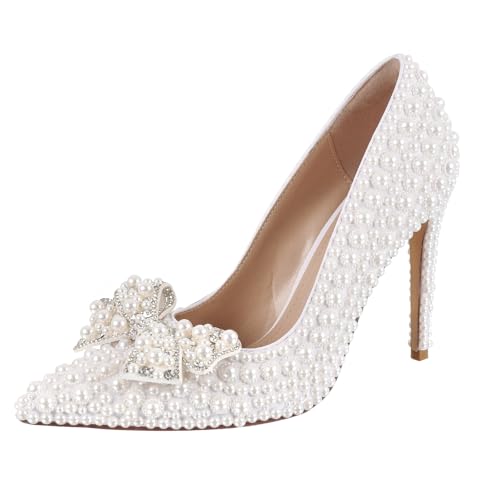 Women's Pearl Rhinestone Bow High Heels Pumps Sparkly Wedding Closed Pointed Toe Bridal Dress