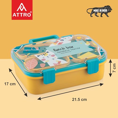 Image of ATTRO Kitty Kart Plastic Lunch Box - 3 Compartment Bento Tiffin, Leak-Proof & Durable, Plastic Cutlery, Ideal for Kids, School,Picnic - 800ml, Blue Orange