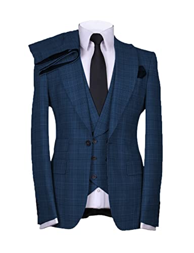 Casual Men's Suits Regular Fit 3 Pieces Double Breasted Plaid Wool Tuxedos Business Blazer+Vest+Pants Wedding