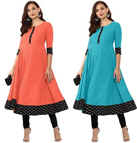 Image of NATEK Plain Cotton Regular Wear Anarkali Kurtis Dresses for Ladies Girls - Combo Pack of 2