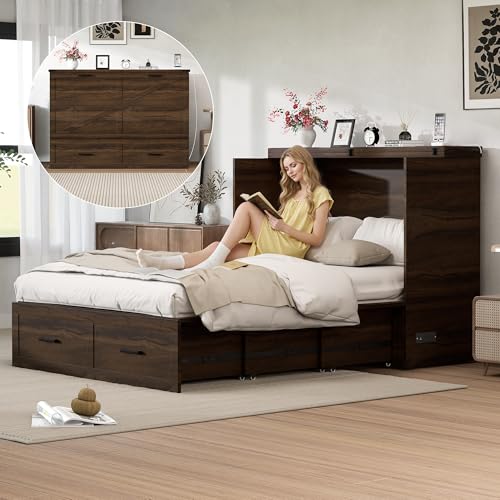 howcool Queen Murphy Bed Cabinet with Charging Station and Large Storage Drawer, Solid Pine Wood Platform Bed Frame, Foldable Cabinet Bed for Home Office, Space Saving Design, Rustic Gray