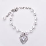 Dogs Kingdom Dog Cat Pearls Necklace for Small Pets Girl - Bling Cat Wedding Collar Pet Jewelry with Heart Rhinestone Charm - Female Chihuahua Yorkie Costume Accessories,Silver,M:10-13