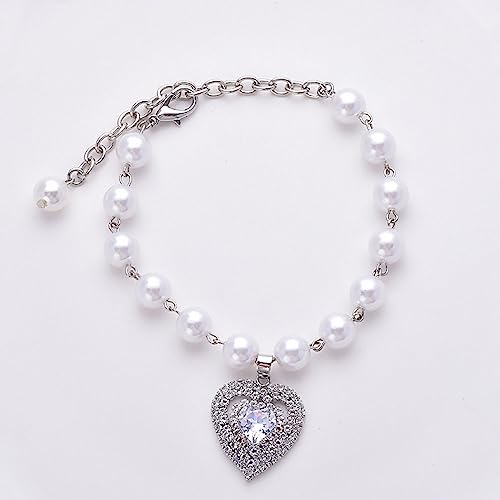 Dogs Kingdom Dog Cat Pearls Necklace for Small Pets Girl - Bling Cat Wedding Collar Pet Jewelry with Heart Rhinestone Charm - Female Chihuahua Yorkie Costume Accessories,Silver,M:10-13