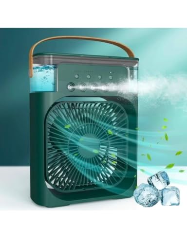 Image of Portable Mini Air Cooler Fan with Water Mist Spray | 3 Wind Speeds | 600ml Tank | 7 Colour LED Light | USB Rechargeable | Desktop Humidifier